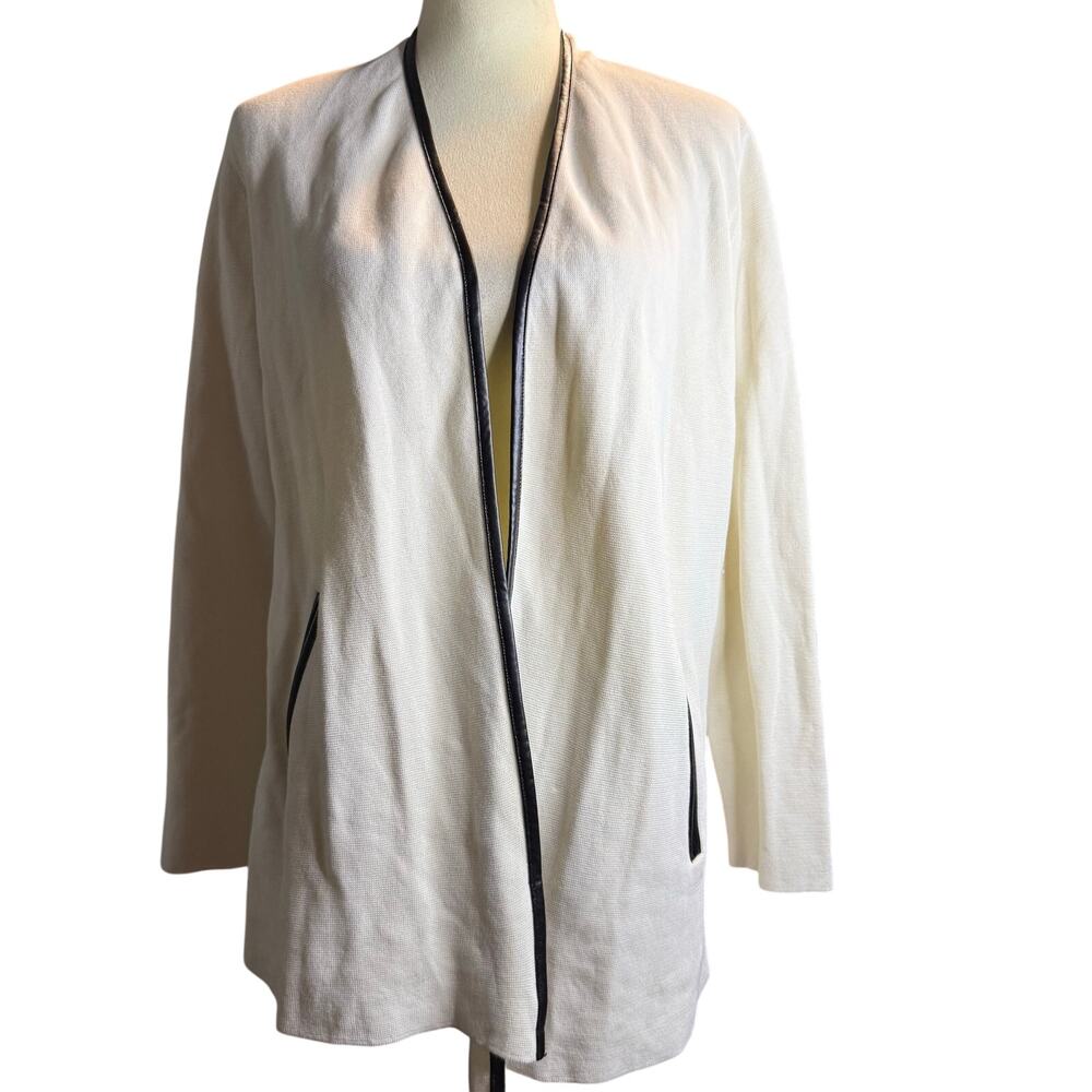 Talbots Cream Leather Trim Cardigan, Open Front, Plus Size 1X Petite, NWT